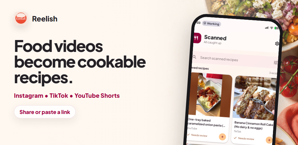 Reelish feature graphic showing food reels becoming recipes and grocery lists