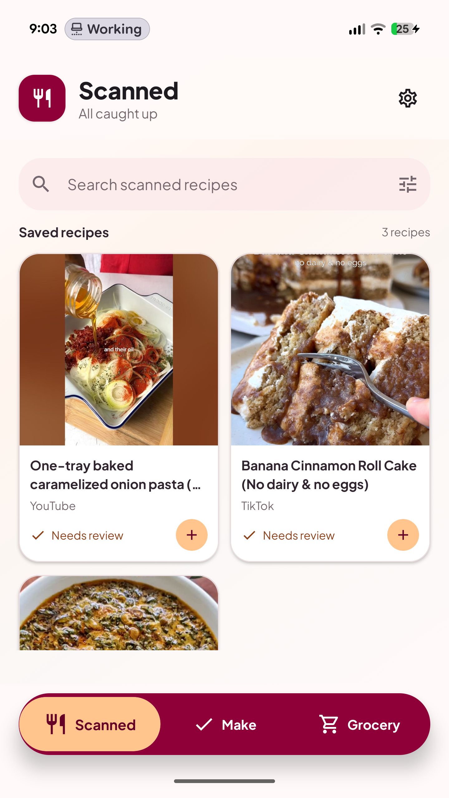 Reelish scanned recipes screen showing recipes from supported social videos