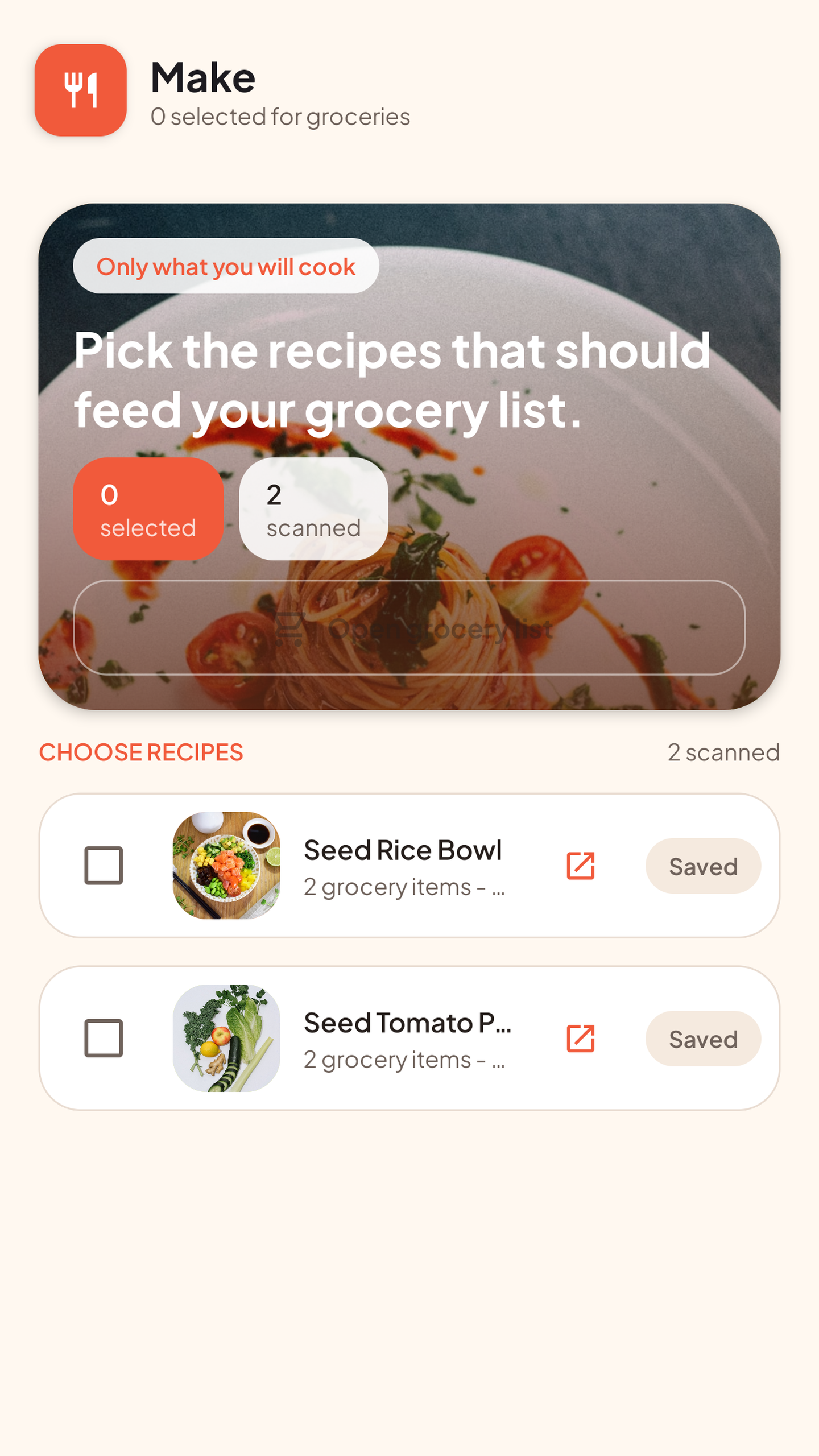 Recipe selection screen
