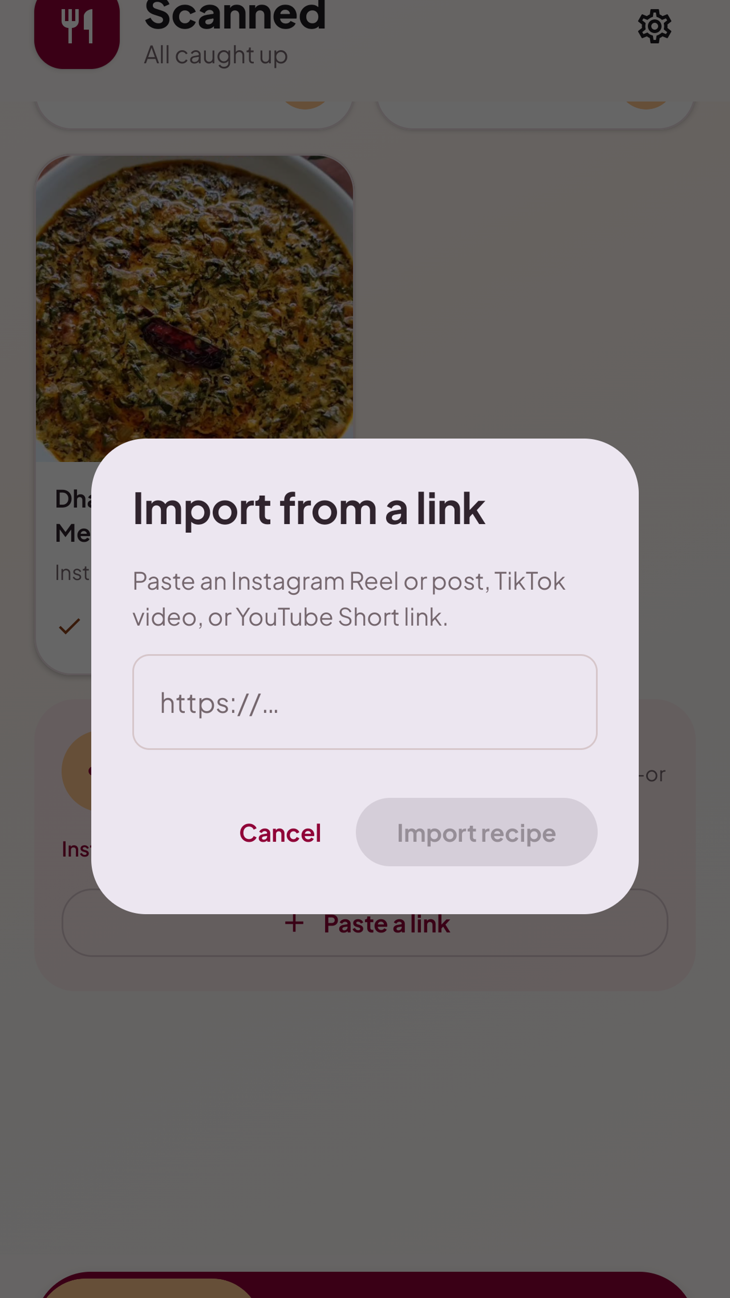 Paste a supported food-video link into Reelish