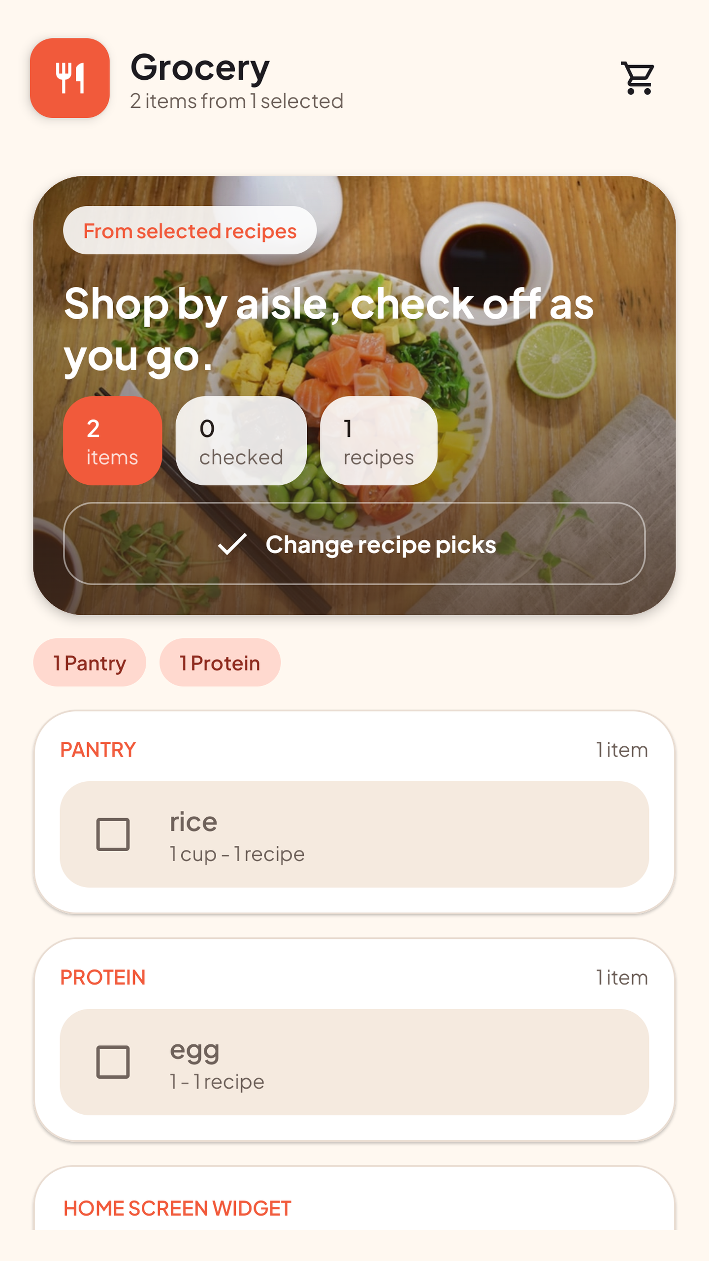 Reelish grocery list screen grouped by aisle