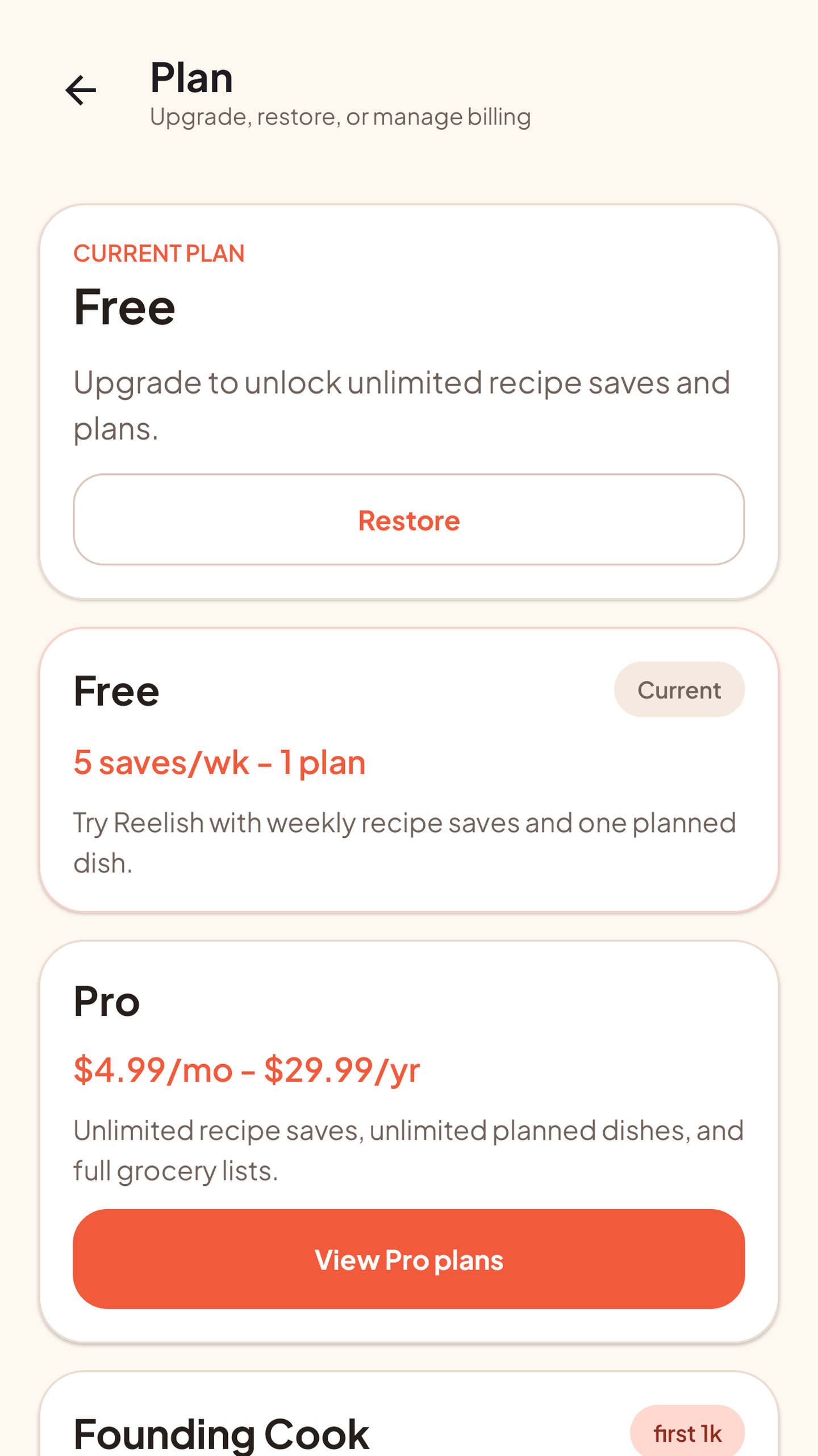 Reelish pricing plans screen